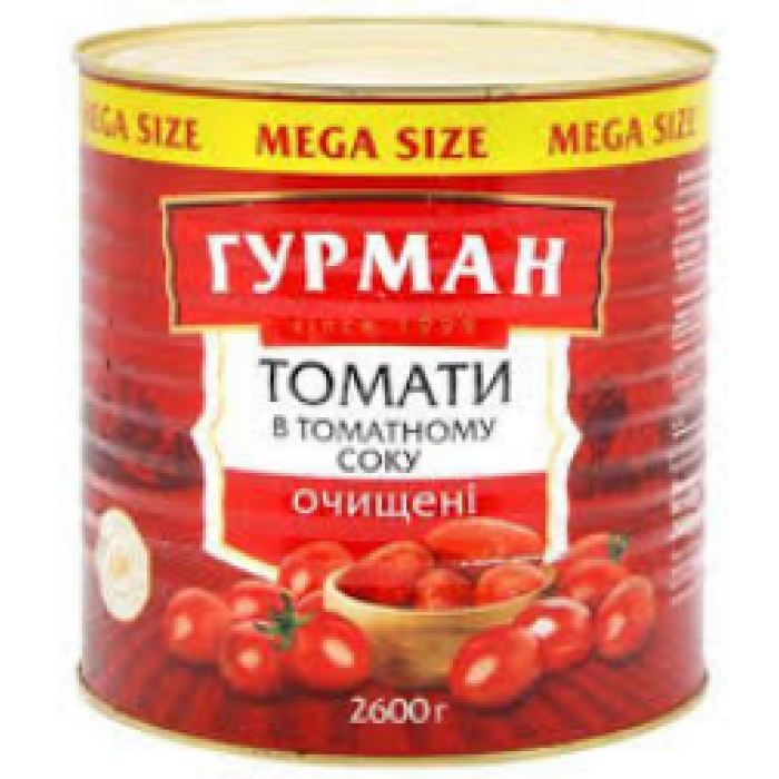 Томати очищені у власному соку ТМ «Гурман» (Mega Size), 2.6 кг